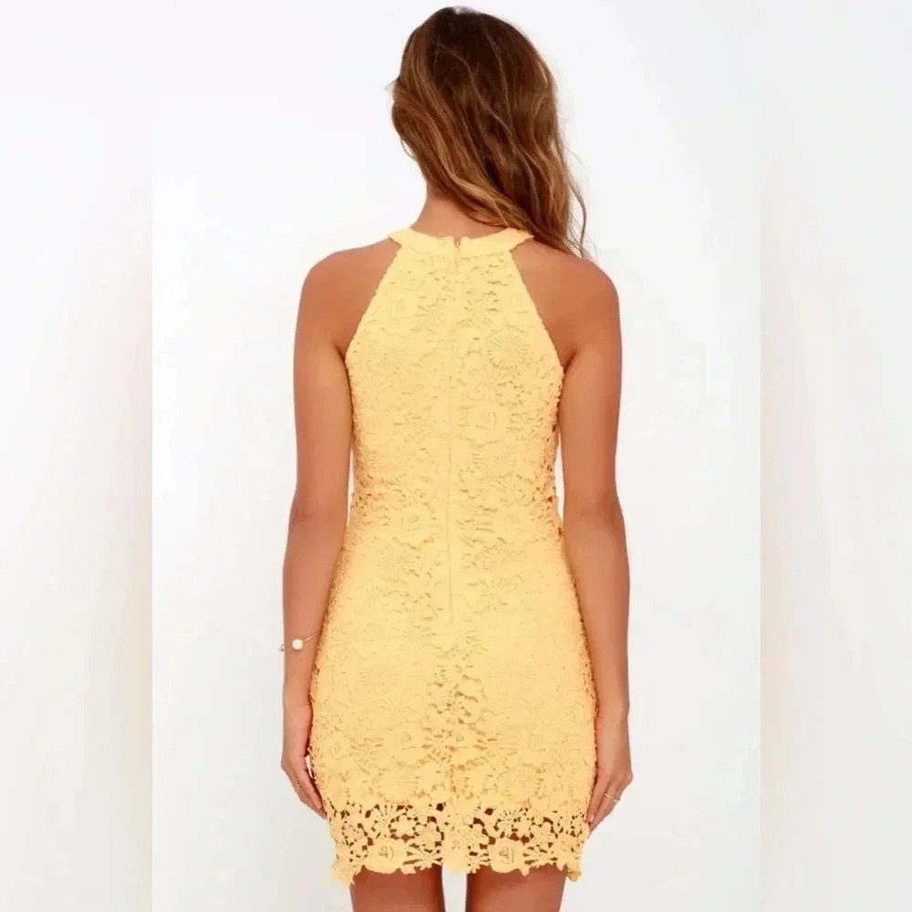 Lulus Love Poem Yellow Lace Eyelet Mini Dress Halter Neck size M - lined - Picture 3 of 16